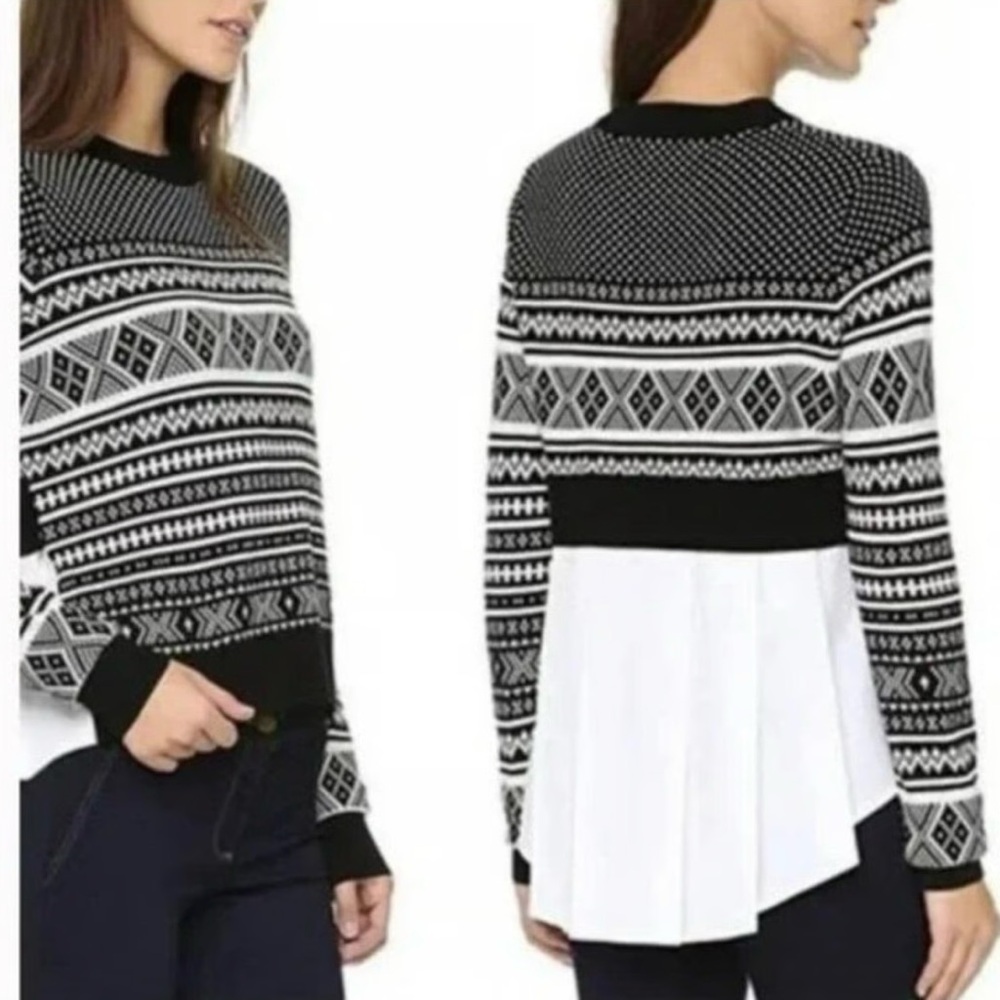 Veronica Beard Black and White Fair Isle Crew Neck Sweater White Shirt Size XS